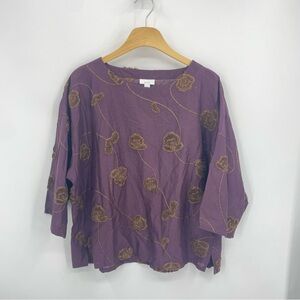 PURE JILL J.JILL Size S Valley Floral Burgundy Acai Cotton Plus Sleeve Top Boxy